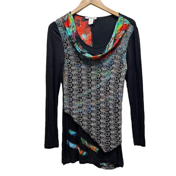 Elysee 26 Tunic Boho Top Black Abstract Cowl Neck 2/3 Sleeve Womens size M - Picture 1 of 12